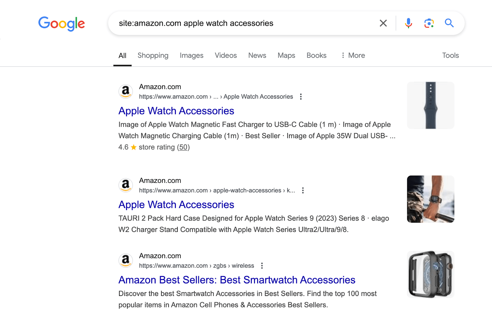 Search for apple watch accessories only on Amazon site using site: in Google Search bar